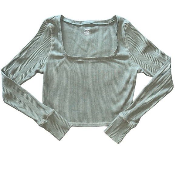aerie Tops - Aerie Ribbed Square Neck Long Sleeve Crop Top Olive Green Cropped Size Large